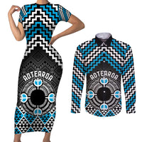Personalised Aotearoa Niho Taniwha Motif Couples Matching Short Sleeve Bodycon Dress and Long Sleeve Button Shirt Blue Style