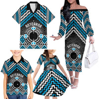 Personalised Aotearoa Niho Taniwha Motif Family Matching Off The Shoulder Long Sleeve Dress and Hawaiian Shirt Blue Style LT9 - Polynesian Pride