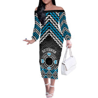 Personalised Aotearoa Niho Taniwha Motif Family Matching Off The Shoulder Long Sleeve Dress and Hawaiian Shirt Blue Style LT9 Mom's Dress Blue - Polynesian Pride