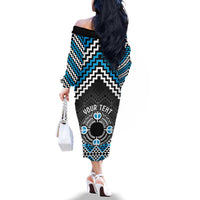 Personalised Aotearoa Niho Taniwha Motif Family Matching Off The Shoulder Long Sleeve Dress and Hawaiian Shirt Blue Style LT9 - Polynesian Pride