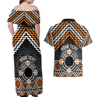 Personalised Aotearoa Niho Taniwha Motif Couples Matching Off Shoulder Maxi Dress and Hawaiian Shirt Gold Style LT9 - Polynesian Pride