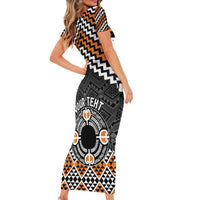 Personalised Aotearoa Niho Taniwha Motif Family Matching Short Sleeve Bodycon Dress and Hawaiian Shirt Gold Style LT9 - Polynesian Pride