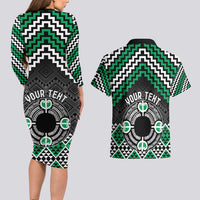 Personalised Aotearoa Niho Taniwha Motif Couples Matching Long Sleeve Bodycon Dress and Hawaiian Shirt Green Style LT9 - Polynesian Pride