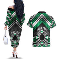 Personalised Aotearoa Niho Taniwha Motif Couples Matching Off The Shoulder Long Sleeve Dress and Hawaiian Shirt Green Style LT9 - Polynesian Pride