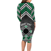Personalised Aotearoa Niho Taniwha Motif Family Matching Long Sleeve Bodycon Dress and Hawaiian Shirt Green Style LT9 - Polynesian Pride