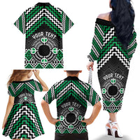 Personalised Aotearoa Niho Taniwha Motif Family Matching Off The Shoulder Long Sleeve Dress and Hawaiian Shirt Green Style LT9 - Polynesian Pride
