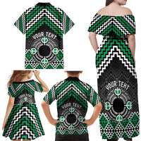 Personalised Aotearoa Niho Taniwha Motif Family Matching Off Shoulder Maxi Dress and Hawaiian Shirt Green Style LT9 - Polynesian Pride