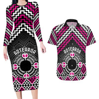 Personalised Aotearoa Niho Taniwha Motif Couples Matching Long Sleeve Bodycon Dress and Hawaiian Shirt Pink Style LT9 Pink - Polynesian Pride
