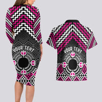 Personalised Aotearoa Niho Taniwha Motif Couples Matching Long Sleeve Bodycon Dress and Hawaiian Shirt Pink Style LT9 - Polynesian Pride