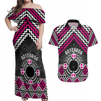 Personalised Aotearoa Niho Taniwha Motif Couples Matching Off Shoulder Maxi Dress and Hawaiian Shirt Pink Style LT9 Pink - Polynesian Pride