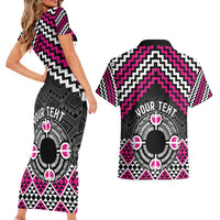 Personalised Aotearoa Niho Taniwha Motif Couples Matching Short Sleeve Bodycon Dress and Hawaiian Shirt Pink Style LT9 - Polynesian Pride