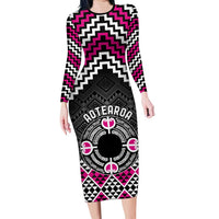 Personalised Aotearoa Niho Taniwha Motif Family Matching Long Sleeve Bodycon Dress and Hawaiian Shirt Pink Style LT9 Mom's Dress Pink - Polynesian Pride