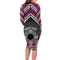 Personalised Aotearoa Niho Taniwha Motif Family Matching Long Sleeve Bodycon Dress and Hawaiian Shirt Pink Style LT9 - Polynesian Pride