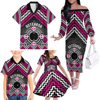 Personalised Aotearoa Niho Taniwha Motif Family Matching Off The Shoulder Long Sleeve Dress and Hawaiian Shirt Pink Style LT9 - Polynesian Pride