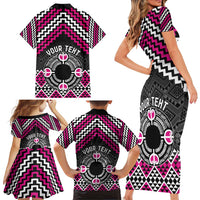 Personalised Aotearoa Niho Taniwha Motif Family Matching Short Sleeve Bodycon Dress and Hawaiian Shirt Pink Style LT9 - Polynesian Pride