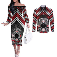Personalised Aotearoa Niho Taniwha Motif Couples Matching Off The Shoulder Long Sleeve Dress and Long Sleeve Button Shirt Red Style LT9 Red - Polynesian Pride
