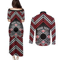 Personalised Aotearoa Niho Taniwha Motif Couples Matching Puletasi and Long Sleeve Button Shirt Red Style