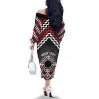 Personalised Aotearoa Niho Taniwha Motif Family Matching Off The Shoulder Long Sleeve Dress and Hawaiian Shirt Red Style LT9 - Polynesian Pride