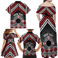 Personalised Aotearoa Niho Taniwha Motif Family Matching Off Shoulder Maxi Dress and Hawaiian Shirt Red Style LT9 - Polynesian Pride