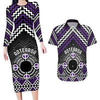 Personalised Aotearoa Niho Taniwha Motif Couples Matching Long Sleeve Bodycon Dress and Hawaiian Shirt Violet Style LT9 Violet - Polynesian Pride