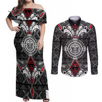 Black Aotearoa Tanilo Motif Couples Matching Off Shoulder Maxi Dress and Long Sleeve Button Shirt Vintage Maori New Zealand Tribal Art Pattern LT9 Black - Polynesian Pride