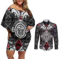 Black Aotearoa Tanilo Motif Couples Matching Off Shoulder Short Dress and Long Sleeve Button Shirt Vintage Maori New Zealand Tribal Art Pattern LT9 Black - Polynesian Pride