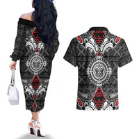 Black Aotearoa Tanilo Motif Couples Matching Off The Shoulder Long Sleeve Dress and Hawaiian Shirt Vintage Maori New Zealand Tribal Art Pattern LT9 - Polynesian Pride