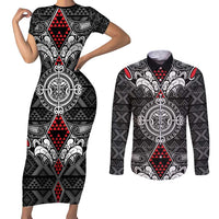Black Aotearoa Tanilo Motif Couples Matching Short Sleeve Bodycon Dress and Long Sleeve Button Shirt Vintage Maori New Zealand Tribal Art Pattern LT9 Black - Polynesian Pride