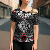 Black Aotearoa Taniko Motif Cross Shoulder Shirt Vintage Maori New Zealand Tribal Art Pattern LT9 - Polynesian Pride