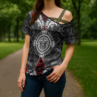 Black Aotearoa Taniko Motif Cross Shoulder Shirt Vintage Maori New Zealand Tribal Art Pattern LT9 - Polynesian Pride