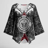 Black Aotearoa Taniko Motif Kimono Sleeve Blouse Vintage Maori New Zealand Tribal Art Pattern LT9 Female Black - Polynesian Pride