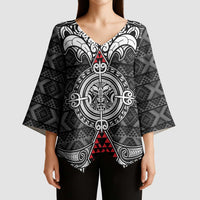 Black Aotearoa Taniko Motif Kimono Sleeve Blouse Vintage Maori New Zealand Tribal Art Pattern LT9 - Polynesian Pride