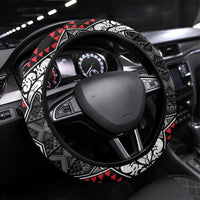 Black Aotearoa Taniko Motif Steering Wheel Cover Vintage Maori New Zealand Tribal Art Pattern LT9 Universal Fit Black - Polynesian Pride