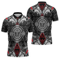 Black Aotearoa Taniko Motif Zipper Polo Shirt Vintage Maori New Zealand Tribal Art Pattern LT9 - Polynesian Pride