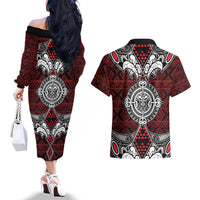 Red Aotearoa Tanilo Motif Couples Matching Off The Shoulder Long Sleeve Dress and Hawaiian Shirt Vintage Maori New Zealand Tribal Art Pattern LT9 - Polynesian Pride