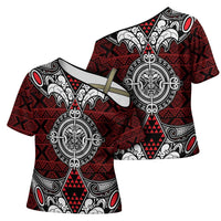 Red Aotearoa Taniko Motif Cross Shoulder Shirt Vintage Maori New Zealand Tribal Art Pattern LT9 - Polynesian Pride