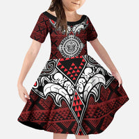 Red Aotearoa Tanilo Motif Family Matching Long Sleeve Bodycon Dress and Hawaiian Shirt Vintage Maori New Zealand Tribal Art Pattern LT9 Daughter's Dress Red - Polynesian Pride