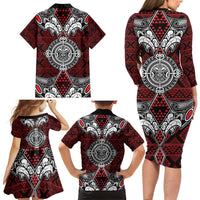 Red Aotearoa Tanilo Motif Family Matching Long Sleeve Bodycon Dress and Hawaiian Shirt Vintage Maori New Zealand Tribal Art Pattern LT9 - Polynesian Pride