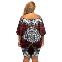 Red Aotearoa Tanilo Motif Family Matching Off Shoulder Short Dress and Hawaiian Shirt Vintage Maori New Zealand Tribal Art Pattern LT9 - Polynesian Pride