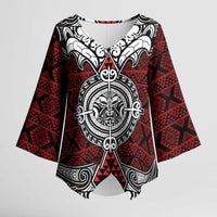 Red Aotearoa Taniko Motif Kimono Sleeve Blouse Vintage Maori New Zealand Tribal Art Pattern LT9 Female Red - Polynesian Pride