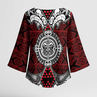 Red Aotearoa Taniko Motif Kimono Sleeve Blouse Vintage Maori New Zealand Tribal Art Pattern LT9 - Polynesian Pride