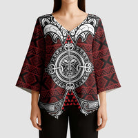 Red Aotearoa Taniko Motif Kimono Sleeve Blouse Vintage Maori New Zealand Tribal Art Pattern LT9 - Polynesian Pride
