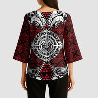 Red Aotearoa Taniko Motif Kimono Sleeve Blouse Vintage Maori New Zealand Tribal Art Pattern LT9 - Polynesian Pride