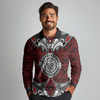 Red Aotearoa Tanilo Motif Long Sleeve Polo Shirt Vintage Maori New Zealand Tribal Art Pattern LT9 - Polynesian Pride