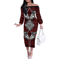 Red Aotearoa Tanilo Motif Off The Shoulder Long Sleeve Dress Vintage Maori New Zealand Tribal Art Pattern LT9 Women Red - Polynesian Pride