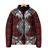 Red Aotearoa Taniko Motif Padded Jacket Vintage Maori New Zealand Tribal Art Pattern LT9 - Polynesian Pride
