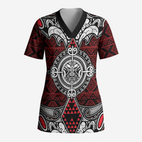 Red Aotearoa Taniko Motif Scrub Top Vintage Maori New Zealand Tribal Art Pattern LT9 Adult Red - Polynesian Pride