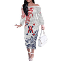Kingdom of Uvea 1842-1860 Personalized Family Matching Off The Shoulder Long Sleeve Dress and Hawaiian Shirt Wallis and Futuna Polynesian Tribal Pattern LT9 Mom's Dress White - Polynesian Pride