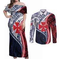 Kingdom of Uvea 1860-1886 Personalized Couples Matching Off Shoulder Maxi Dress and Long Sleeve Button Shirt Wallis and Futuna Polynesian Tribal Pattern LT9 Red - Polynesian Pride