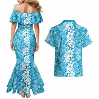 Hawaiian Lei Day Couples Matching Mermaid Dress and Hawaiian Shirt Blue Hibiscus Flowers Lei Art LT9 - Polynesian Pride